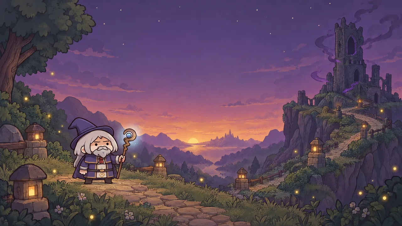 The young mage with his staff on a lantern-lit path; the ruined Unlit Tower rises on a cliff under a violet sky.
