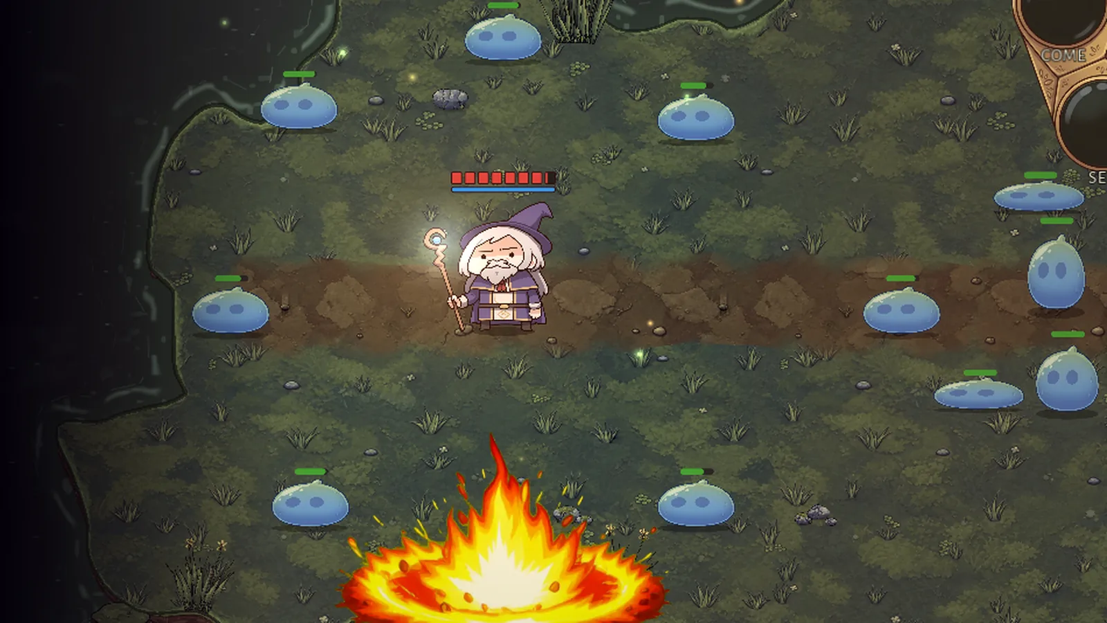 A meteor crashes into a crowd of slimes on a swamp path.