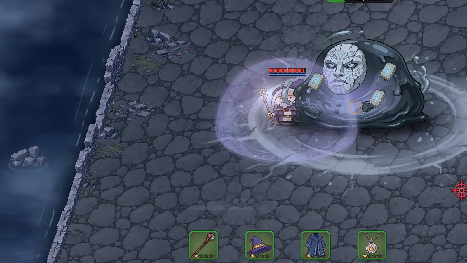The Mute, a boss in a silver mask, raises a dome of silence around the mage.