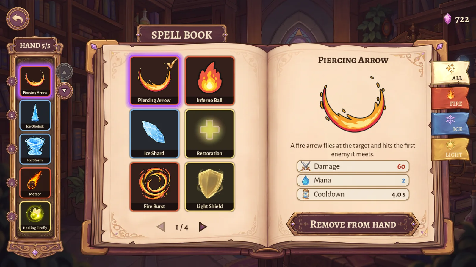 The open spell book with fire, ice and light spells and the five-card hand.