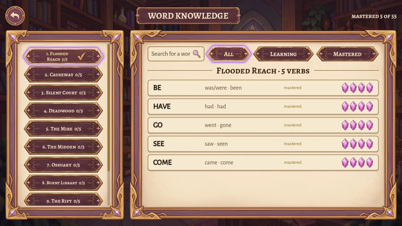 The Word Knowledge book listing be, have, go, see and come with their forms and mastery gems.